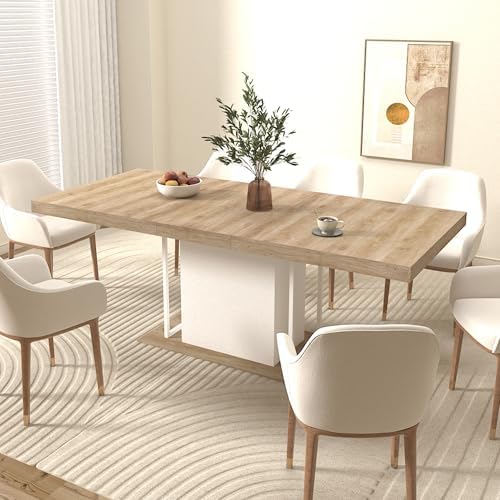 63" - 79" Extendable Dining Room Table, Expandable Kitchen Table for 6 to 10 People, Modern Wood Conference Table, Large Farmhouse Dining Table(White Oak)