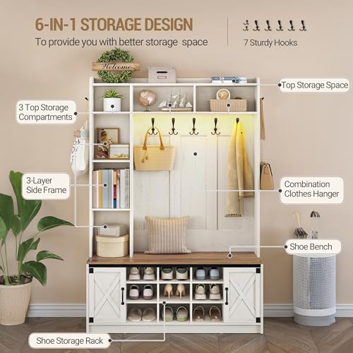 Hzuaneri 47.2" Hall Tree, LED Farmhouse Entryway Storage and Coat Rack Wood, Entryway Furniture with 7 Hooks, Hall Tree with Bench and Storage, 6 Storages Partitions Shoe Bench, Rustic White HT24514X