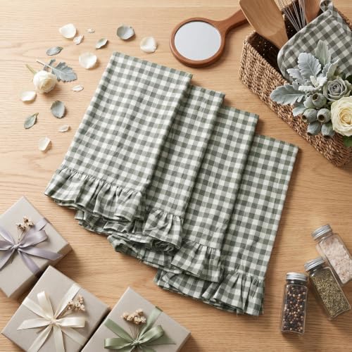 HunnmingRe 4 Pcs Sage Green Gingham Kitchen Towels Cotton Ruffled