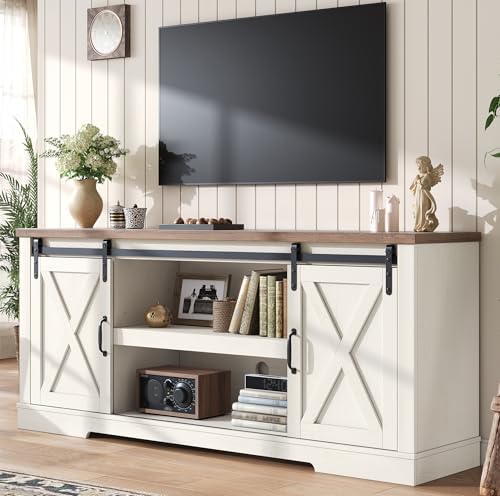 AMERLIFE 4 Piece Farmhouse Table Set with 66" TV Stand, Distressed White