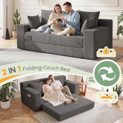 Boneless Couch for Living Room, 3 Seater Convertible Sofa Bed in Box, Grey