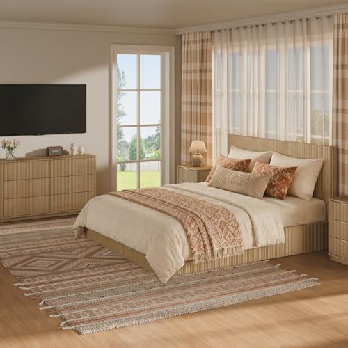 VMU Fluted King Size Platform Bed Frame with Lift up Storage, Oak