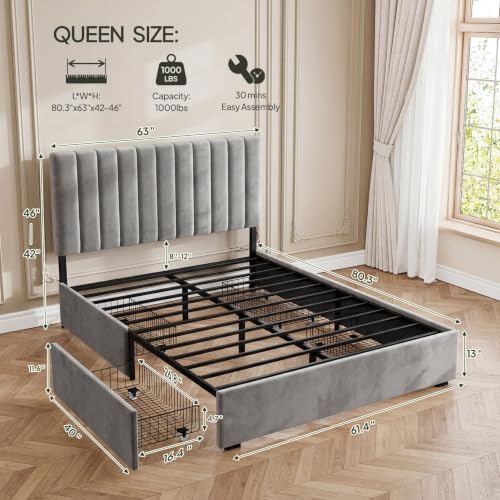 Welzona Queen Upholstered Bed Frame with Headboard & 4 Storage Drawer, Grey