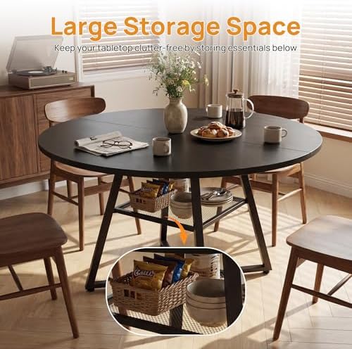 Alpen 42" Round Dining Table for 4-6, Small Kitchen Table with Storage Shelf, Wood Industrial Circle Table with Pedestal Metal Frame, Small Space Table for Apartment, Dining Room, Black