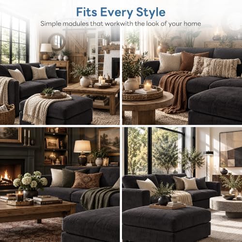 Iroomy Sectional Couch for Living Room, Comfy L Shaped Convertible Sofa, 4 Seater Modern Chenille Sofa with Ottoman,Black