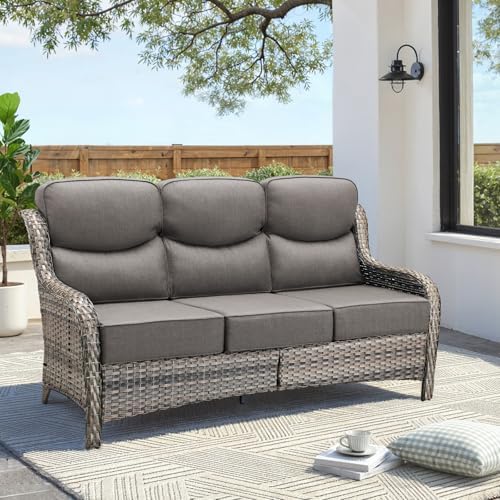Luxury Outdoor Patio Furniture Set-Wicker High Backrest 3-Seat Patio Sofa with Comfy 6" Cushion, Rattan Couch with Deep Seat All-Weather Patio Conversation Set for Deck Backyard Garden(Grey/Grey)