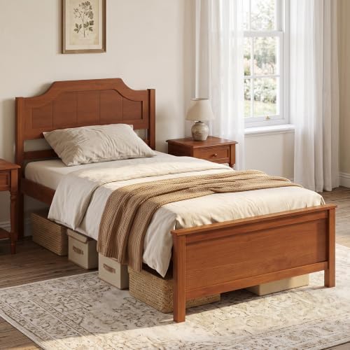 GIANTEX Twin Size Wooden Bed Frame with Headboard, Wood Slat Support