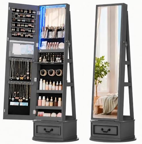 Vlsrka Mirror Jewelry Cabinet Standing with Lights, Lockable, Swivel, Grey | Standing Jewelry Armoire with Full Length Mirror, Large Jewelry Organizer Storage with Foldable Makeup Shelf, 3 LED Lights