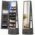 Vlsrka Mirror Jewelry Cabinet Standing with Lights, Lockable, Swivel, Grey | Standing Jewelry Armoire with Full Length Mirror, Large Jewelry Organizer Storage with Foldable Makeup Shelf, 3 LED Lights
