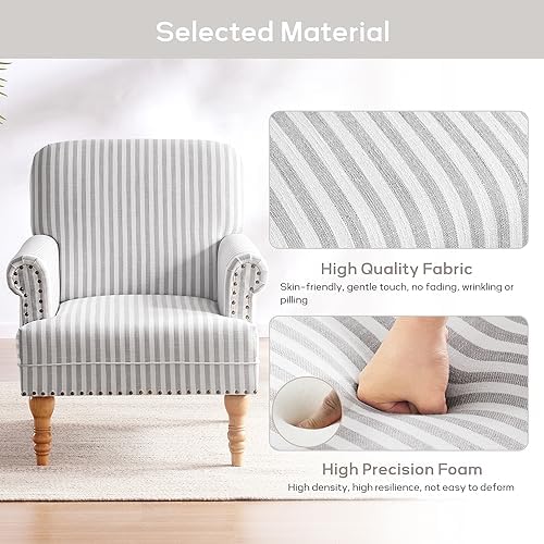 HUIMO Linen Fabric Accent Chair, Mid-Century Modern Armchair with Solid Wood Legs, Single Sofa Chair,Upholstered Reading Club Chair (1, Grey and White Stripe)