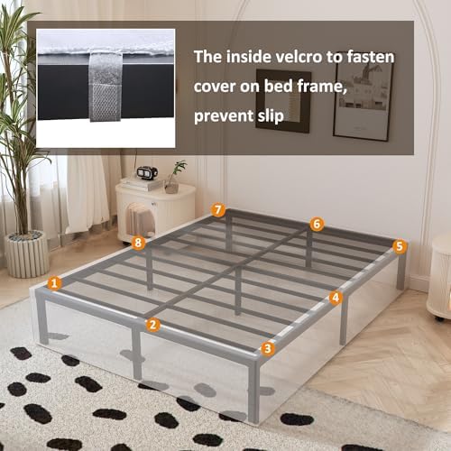 Maenizi 14 Inch King Size Bed Frame with White Fabric Cover, Heavy Duty King Platform Bed Frame Support Up to 3000 lbs, No Box Spring Needed, Easy Assembly, Noise Free, Black