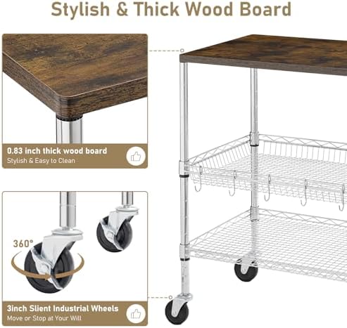 Rolling Kitchen Carts on Wheels With Storage,650Lbs Heavy Duty Metal Cart with Wheels,3 Tier Rolling Cart with Wooden Top,NSF Utility Cart with Handle for Food Cart Serving Carts,30.3"L*31.9"H*18.1"W