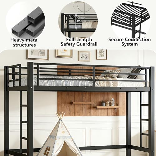 Bellemave Twin XL Size Loft Bed Frame with 2 Ladder, Sturdy Metal Construction & High Guardrail, Space Saving Twin XL Loft Bed for Kids, No Box Spring Needed, Safe for Adults, Teens, Dorms, Black