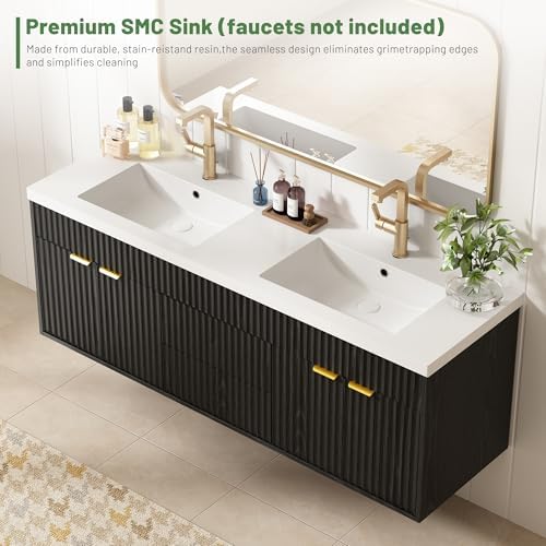 CARPETNAL 60 Inch Bathroom Vanity with Sink, Black. | Modern Fluted Large Double Sink Bathroom Vanity with Sink with 2 Storage Cabinets, Adjustable Shelf and 2 Drawers.