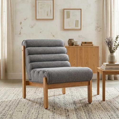 Christopher Knight Home Fluffy Low Profile Accent Chair, Modern Living Room Armless Lounge Chair, Fabric Comfy Reading Chair for Bedroom, Wooden Frame and Thick Padded Seat, Grey+Natural