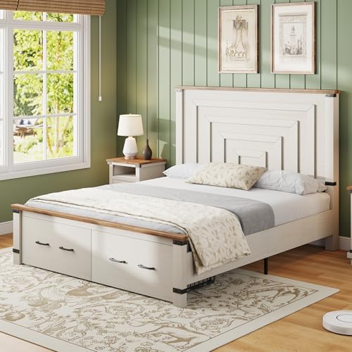 AMERLIFE 5 Pieces Farmhouse Wood Bedroom Set, Includes Rustic Full Bed Frame with 54" Tall Headboard, 6 Drawer Dresser Chest, 5 Drawer Tall Dresser, Nightstands Set of 2 with Charging Station, White