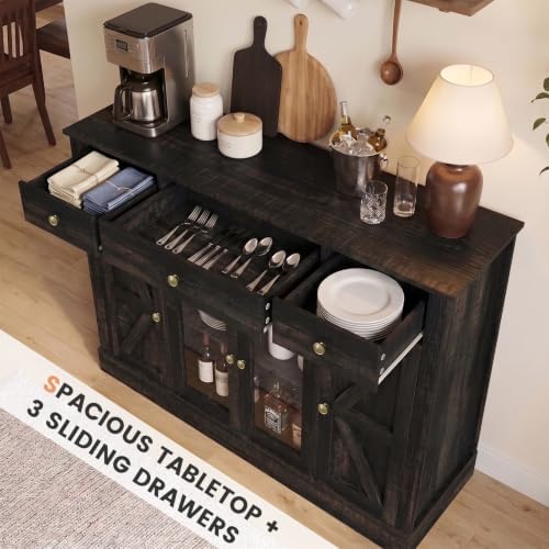 4 EVER WINNER 55" Large Coffee Bar Cabinet with 4 Doors and 3 Drawers, Buffet Cabinet with Plexiglass Doors, Kitchen Cabinet with Adjustable Shelves for Dining Room, Rustic Oak