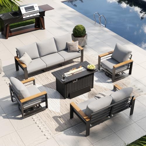 Aoxun Aluminum Patio Furniture Set with Swivel Chairs & Firepit Table