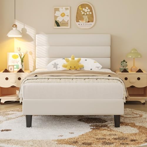 Fluest Twin Bed Frame, Platform Bed Frame with Velvet Upholstered Headboard, No Box Spring Needed, Sturdy Metal Support, Noise Free, Easy Assembly, Modern Bedroom Furniture, Beige