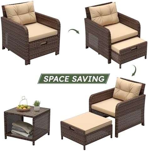 LHBcraft 5 Piece Patio Furniture Set, PE Wicker Outdoor Furniture Set with Soft Cushions & Coffee Table, Outdoor Lounge Chairs with Ottoman for Porch, Lawn, Balcony, Coffee-Beige