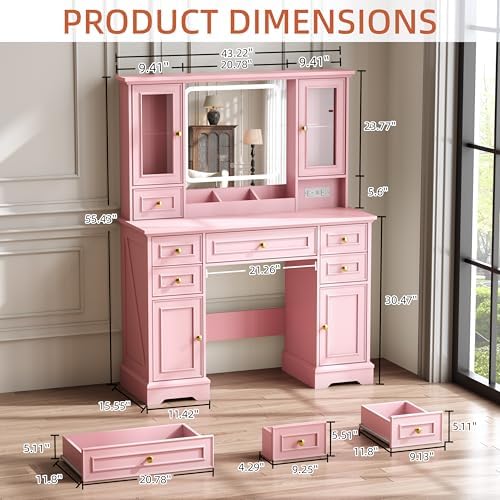 Vanity Desk with Mirror & Lights, Makeup Vanity with Power Outlet & USB Ports, Farmhouse Dressing Table, 6 Drawers & 4 Storage Cabinets, RGB Cabinet Lighting, 3-Color Dimmable Mirror