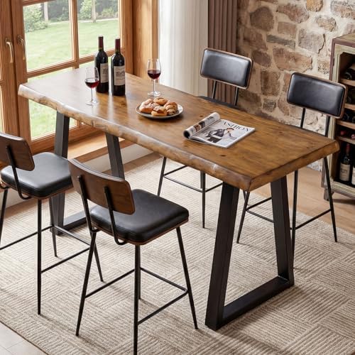 Solid Wood Bar Table, 63” Natural Live Edge Counter Height Table with Metal Legs, Rustic Industrial Long Pub Table for Kitchen, Coffee Bar, Dining Room, Restaurant, Brown & Black