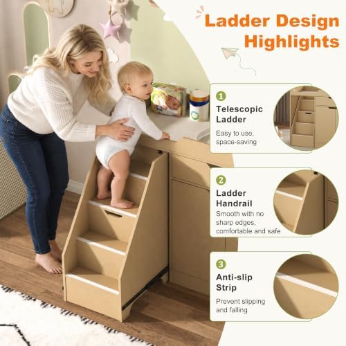 St.Mandyu Baby Changing Table with Drawers & Storage, Diaper Changing Station with Stairs, Toddler Wooden Changing Table with Paper Roller for Daycare & Home, Oak