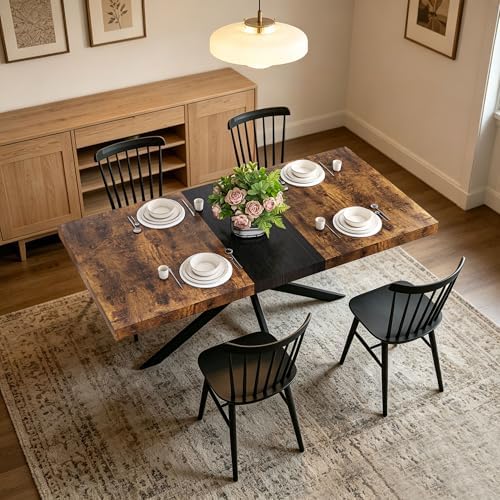 Extendable Dining Table for 4-6 People, 55" to 71" Expandable Table with Hidden Storage Drawer and Black Metal Base, Modern Rectangular Kitchen Dining Table, Brown & Black
