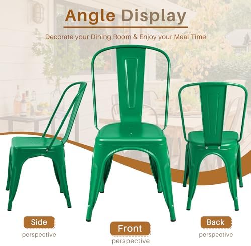 Furmax Metal Dining Chair Indoor Outdoor Use Stackable Classic Trattoria Chair Chic Dining Bistro Cafe Side Metal Chairs Set of 4 (Green)