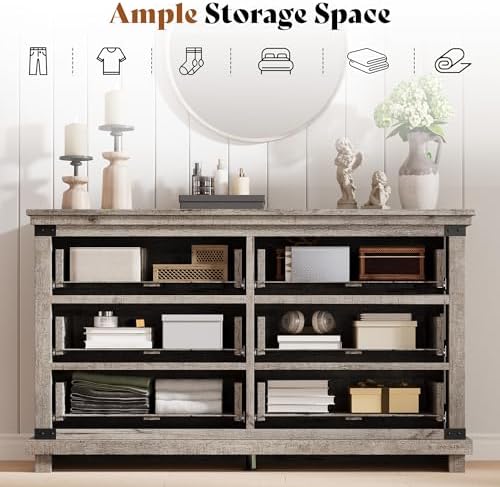 AMERLIFE 5 Pieces Farmhouse Bedroom Set, Includes Rustic Queen Bed Frame with 54" Tall Headboard, 6 Drawer Dresser, 5 Drawer Tall Chest, Nightstands Set of 2 with Charging Station, Rustic Grey