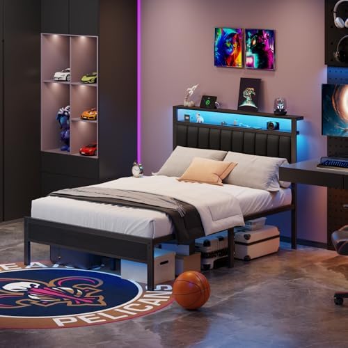 Furnulem Queen Size Bed Frame with Charging Station and LED Lights