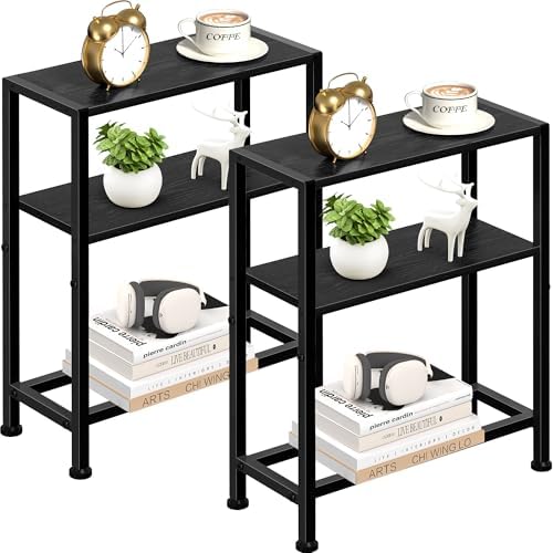 Narrow Side Table Set of 2 for Small Space, 2-Tier Small End Table with Shelf Holder, Slim Nightstand, Skinny Snack Couch Table in Living Room, Bedroom, Study, Kitchen and Balcony (Black)