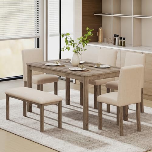 Zevemomo 6-Piece Solid Wood Dining Table Set, Wooden Legs Table Set, Brown