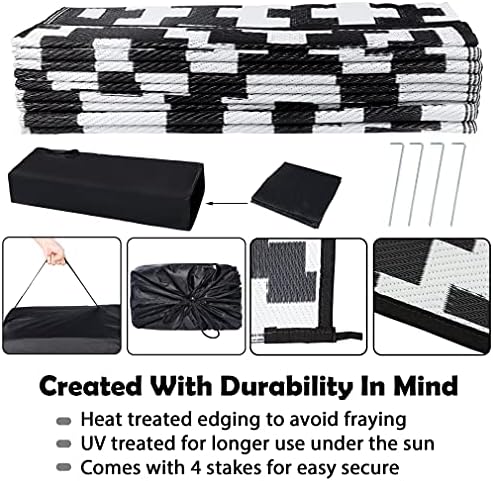 SAND MINE Waterproof Outdoor Rug 9x18 ft, Plastic Straw Rug, Modern Area Rug, Large Floor Mat, RV, Patio, Backyard, Deck, Picnic, Beach, Trailer, Camping (9' x 18', Black & White Lattice)