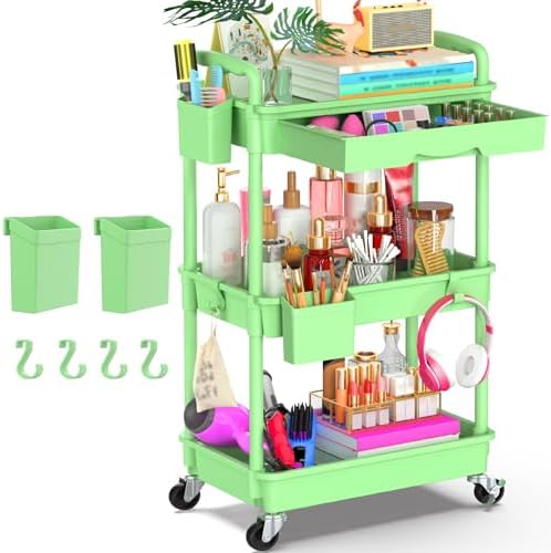 Goovilla 3 Tier Rolling Utility Cart Organizer with Removable Drawer, Green