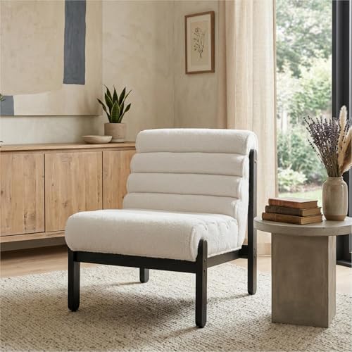 Christopher Knight Home Fluffy Low Profile Accent Chair, Modern Living Room Armless Lounge Chair, Fabric Comfy Reading Chair for Bedroom, Wooden Frame and Thick Padded Seat, White+Black
