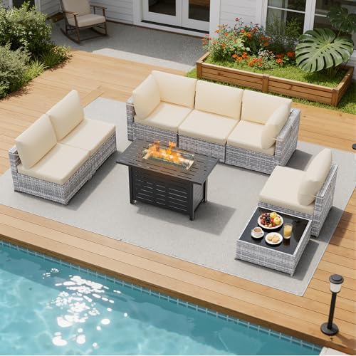 LOUVIXA 8 Piece Outdoor Patio Furniture Set, Outdoor Sectional Sofa with Firepit Table, Wicker Rattan Patio Furniture, Patio Conversation Set with Coffee Table & Cushions