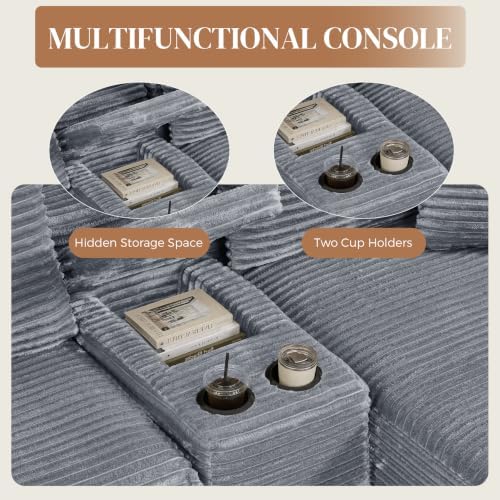 95" L Shaped Cloud Couch Modular Sectional Sofa, Comfy Fluffy Corduroy Grey Boneless Sectional Couches for Living Room, Modern Cloud Sofas with Cup Holders & Right Facing Chaise, Grey
