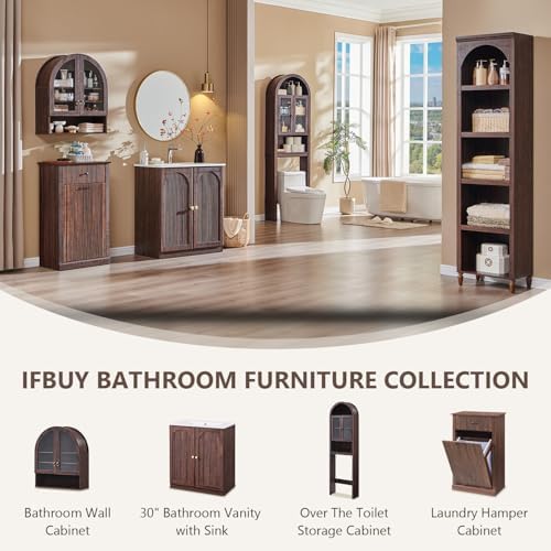 IFBUY 30 Inch Arched Bathroom Vanity with Sink, Fluted Design, Dark Walnut | Modern Bathroom Vanity Cabinet w/Adjustable Storage Shelf, Freestanding Single Bathroom Vanity w/Ceramic Basin, Space-Saving