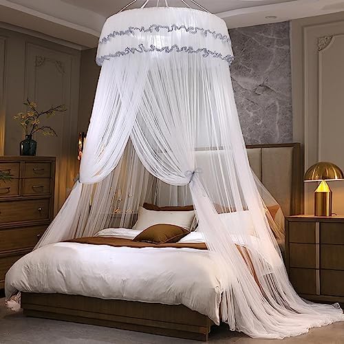 Kertnic Mosquito Net Bed Canopy for Girls, Princess Canopy Bed Curtain Fine Sheer Mesh Dome Bed Canopies, Girls & Adults Lace Tent for Twin Full Queen King Bed (White)