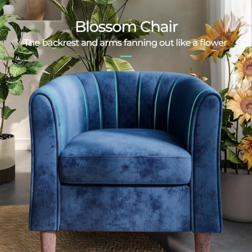 LINSY Accent Chair with Ottoman, Modern Barrel Chair Small Arm Chair Reading Chair with Footrest, Comfy Round Arms Chair for Living Room Bedroom Reading Room, Velvet(Blue)