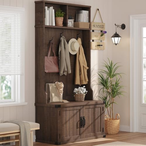 Garvee 77" H Farmhouse Hall Tree with Bench & Shoe Storage, Coat Rack