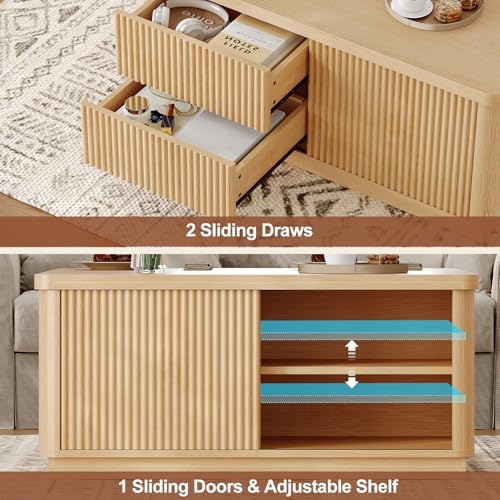 Itaar 39.4'' Lift Top Coffee Table with Storage, Fluted Coffee Tables for Living Room, Square Coffee Table with Large Hidden Compartment & 2 Drawrs & Adjustables Shelves, Oak