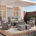 Luxury 6 Pieces Outdoor Patio Furniture Set-All Weather Wicker Outdoor Furniture with Swivel Rocker Patio Chairs 6-inch Extra Thick Cushions Wicker Conversation Set for Garden Porch(Brown/Grey)
