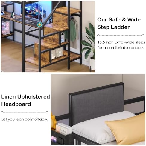 Dnxao Twin Loft Bed with Desk, 6 Drawers & Foldable Bed Table, Rustic Brown