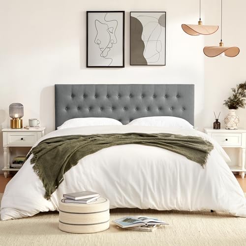 Tufted Upholstered Headboard King Size, Adjustable Height 37- 51 in, Gray