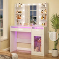 HUAHUU Vanity Desk with Mirror and Lights, Makeup Vanity Desk with Lights 3 Colors, Transparent Top Vanity with 2 RGB Drawers, 6 Shelves, Large Tempered Cabinet, Power Outlet, for Bedroom, White
