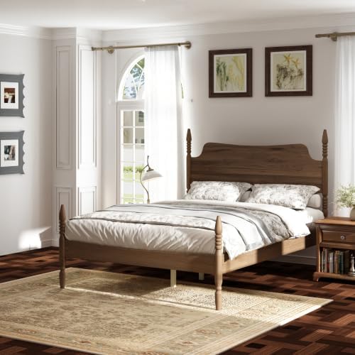 Vintage Wood Queen Bed Frame, Traditional Spindle Platform Bed with Tall Headboard, Walnut Antique Style 4-Poster Design, Under Bed Storage, No Box Spring Needed (Walnut, Queen)