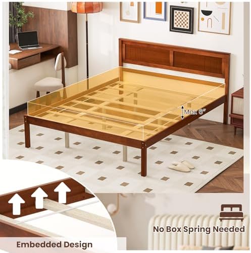 GIANTEX Queen Wood Platform Bed Frame with Headboard, Mid Century Queen Bed Frame with Wood Slat Support, Solid Wood Foundation with 16" Under Bed Storage, No Box Spring Needed, Easy Assembly