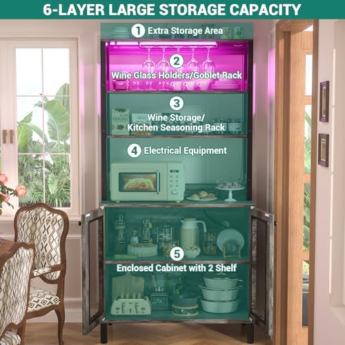 Aheaplus Bar Cabinet with Power Outlets,67" Tall Wine Bar Cabinet,Black Oak